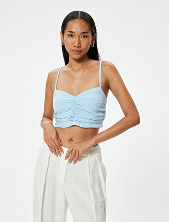 İnce Askılı Drapeli Büstiyer Keten Karışımlı Slim Fit