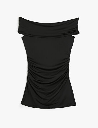 Mini Slip Elbise Kayık Yaka Drapeli Slim Fit Kolsuz