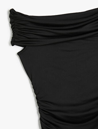 Mini Slip Elbise Kayık Yaka Drapeli Slim Fit Kolsuz