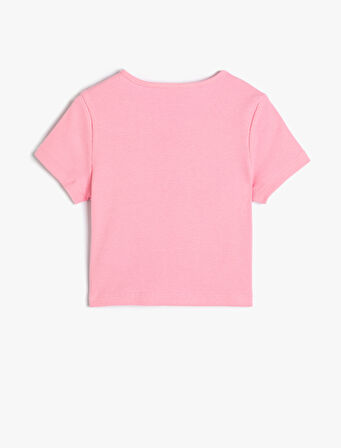 Crop Tişört Ayıcık Baskılı Kısa Kollu Bisiklet Yaka Pamuklu