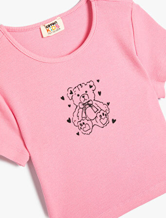 Crop Tişört Ayıcık Baskılı Kısa Kollu Bisiklet Yaka Pamuklu