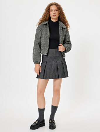 Bomber Ceket Kapüşonlu Balık Sırtı Desenli Cepli Fermuarlı 