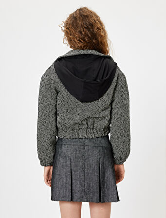 Bomber Ceket Kapüşonlu Balık Sırtı Desenli Cepli Fermuarlı 