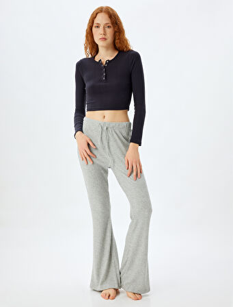Uzun Kollu Yuvarlak Yaka Düğmeli Örme Crop Pijama Üstü