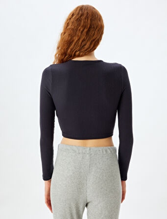 Uzun Kollu Yuvarlak Yaka Düğmeli Örme Crop Pijama Üstü