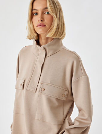 Örme Sweatshirt Pijama Üstü Dik Yaka Kapaklı Cep Detaylı