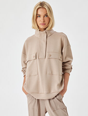 Örme Sweatshirt Pijama Üstü Dik Yaka Kapaklı Cep Detaylı