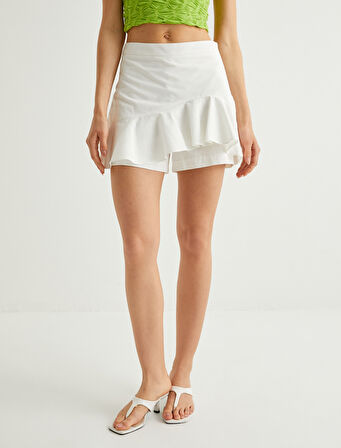 Keten Karışımlı Şort Etek Fırfırlı Asimetrik