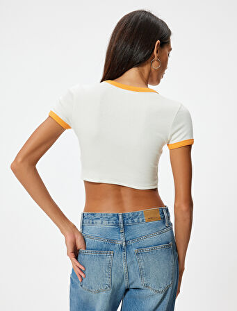 Crop Tişört Yaz Temalı Baskılı Biyeli Bisiklet Yaka Kısa Kollu Slim Fit