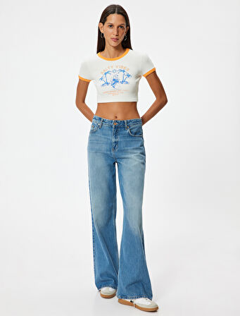 Crop Tişört Yaz Temalı Baskılı Biyeli Bisiklet Yaka Kısa Kollu Slim Fit