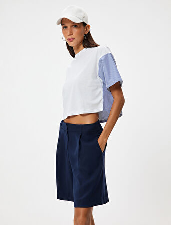 Bisiklet Yaka Tişört Kumaş Detaylı Detaylı Kısa Kollu