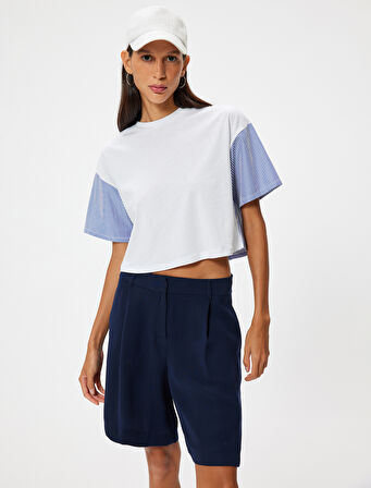 Bisiklet Yaka Tişört Kumaş Detaylı Detaylı Kısa Kollu