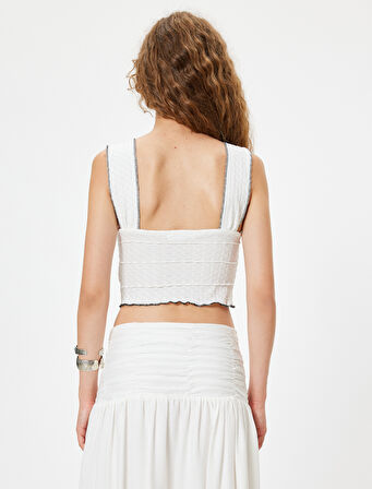 Fiyonklu Crop Üst Kalın Askılı Bürümcük Kare Yaka Slim Fit