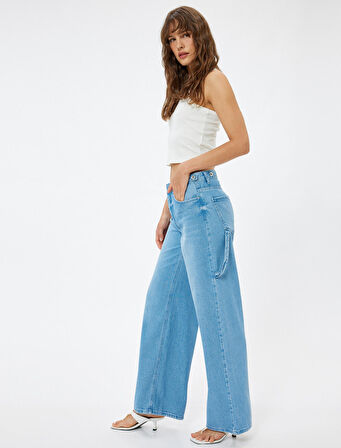 Düşük Bel Kot Pantolon Cep Detaylı Rahat Kalıp - Loose Straight Fit Jeans