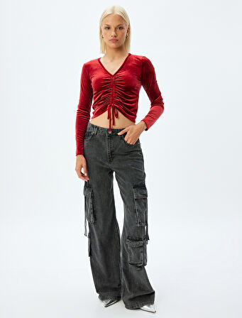 Kadife Crop Tişört Büzgülü V Yaka Uzun Kollu Slim Fit
