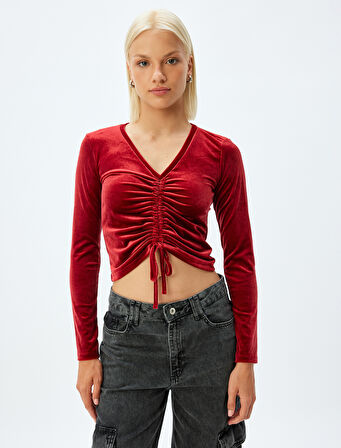 Kadife Crop Tişört Büzgülü V Yaka Uzun Kollu Slim Fit