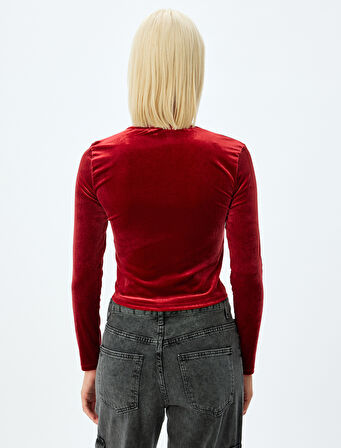 Kadife Crop Tişört Büzgülü V Yaka Uzun Kollu Slim Fit