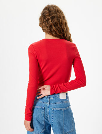 Uzun Kollu Tişört Düğmeli Bisiklet Yaka Slim Fit Pamuklu