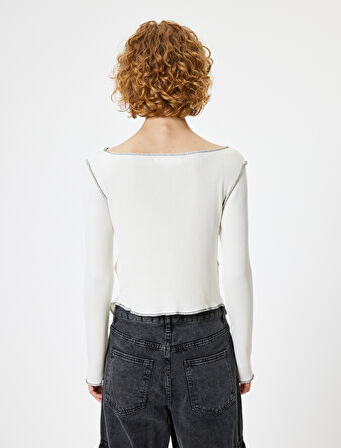 Uzun Kollu Tişört Kaşkorse Baskılı Kayık Yaka Slim Fit Asimetrik Kesim