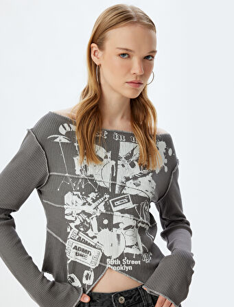 Uzun Kollu Tişört Fitilli Baskılı Kayık Yaka Asimetrik Kesim Slim Fit