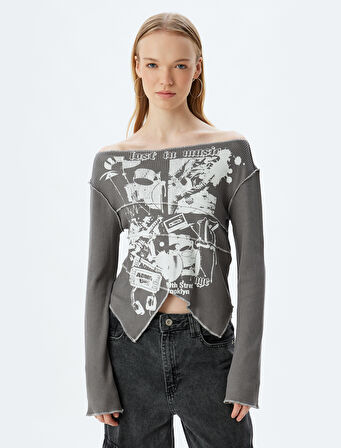 Uzun Kollu Tişört Fitilli Baskılı Kayık Yaka Asimetrik Kesim Slim Fit