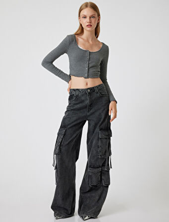 Uzun Kollu Tişört Crop U Yaka Düğmeli Slim Fit