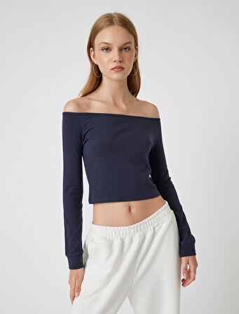 Madonna Yaka Uzun Kollu Biyeli Crop Tişört