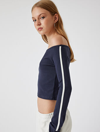 Madonna Yaka Uzun Kollu Biyeli Crop Tişört