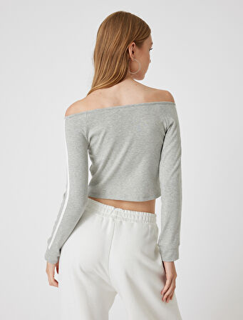 Madonna Yaka Uzun Kollu Biyeli Crop Tişört