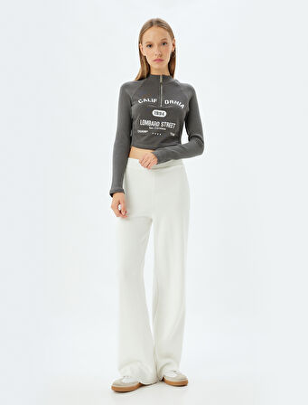 Crop Tişört Uzun Kollu Yarım Fermuarlı Slogan Baskılı Slim Fit