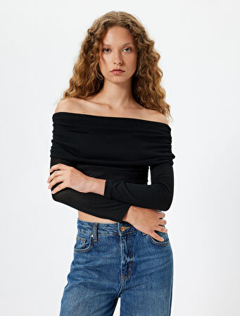 Madonna Yaka Tişört Uzun Kollu Drapeli Slim Fit Viskon Karışımlı 