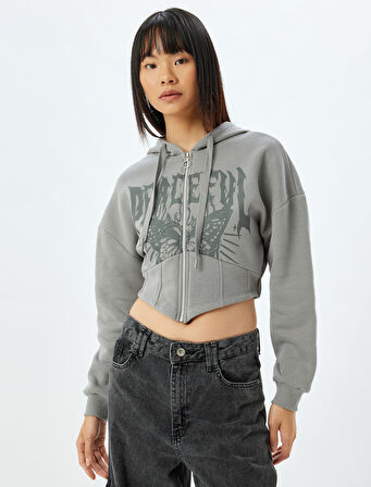 Crop Sweatshirt Kapüşonlu Fermuarlı Kolej Baskılı Korse Detaylı Şardonlu