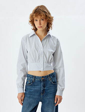 Crop Gömlek Uzun Kollu Klasik Yaka Düğmeli Gipeli Slim Fit