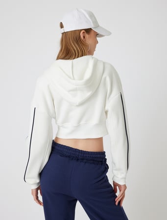 Crop Sweatshirt Kapüşonlu Fermuarlı Korse Detaylı Kolej Baskılı Cepli