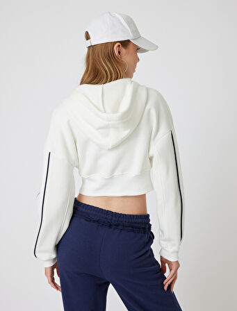 Crop Sweatshirt Kapüşonlu Fermuarlı Korse Detaylı Kolej Baskılı Cepli