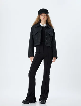 İspanyol Paça Pantolon Nervürlü Düğmeli İnterlok Çelik Kumaş Slim Fit