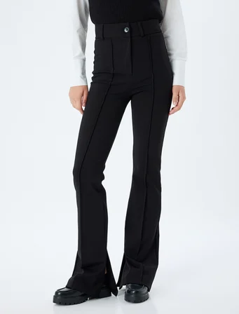 İspanyol Paça Pantolon Nervürlü Düğmeli İnterlok Çelik Kumaş Slim Fit