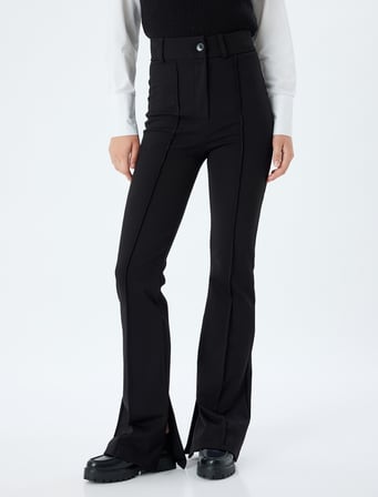 İspanyol Paça Pantolon Nervürlü Düğmeli İnterlok Çelik Kumaş Slim Fit