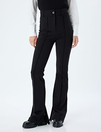 İspanyol Paça Pantolon Nervürlü Düğmeli İnterlok Çelik Kumaş Slim Fit