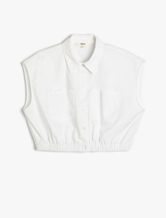 Crop Gömlek Kolsuz Beli Lastikli Cepli Düğmeli