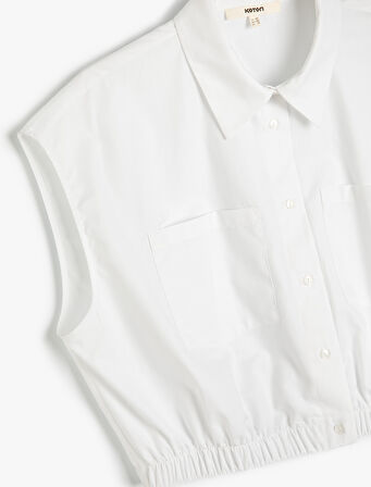 Crop Gömlek Kolsuz Beli Lastikli Cepli Düğmeli