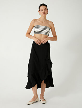 Koton X Melis Ağazat - Kruvaze Midi Boy Etek Asimetrik Fırfırlı Viskon Rahat Kalıp