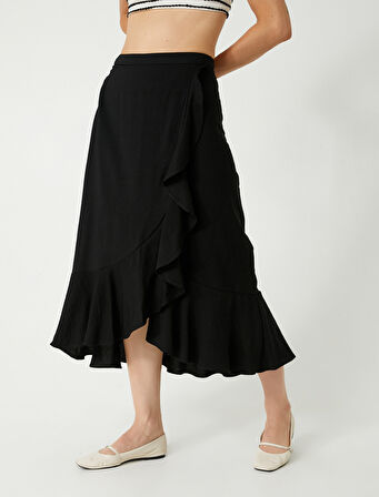 Koton X Melis Ağazat - Kruvaze Midi Boy Etek Asimetrik Fırfırlı Viskon Rahat Kalıp