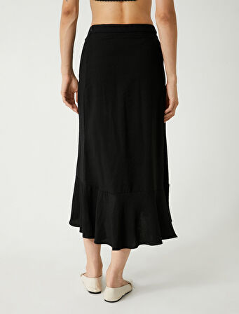 Koton X Melis Ağazat - Kruvaze Midi Boy Etek Asimetrik Fırfırlı Viskon Rahat Kalıp