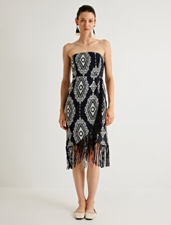 Koton X Melis Ağazat - Straplez Elbise Püskül Detaylı Midi Boy Etnik Desenli Slim Fit