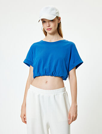 Crop Tişört Etek Ucu Lastikli Kısa Kollu Bisiklet Yaka Pamuklu