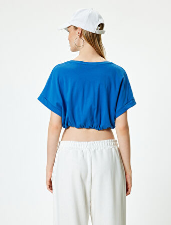Crop Tişört Etek Ucu Lastikli Kısa Kollu Bisiklet Yaka Pamuklu