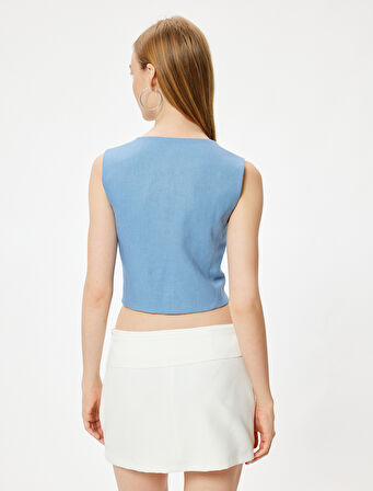 Keten Karışımlı Yelek Kolsuz Fleto Cepli Düğmeli V Yaka Slim Fit