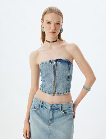 Crop Üst Denim Fermuarlı Straplez Yaka Kolsuz Slim Fit