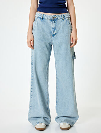 Bol Paça Kot Pantolon Cep Detaylı Düğmeli Pamuklu - Loose Straight Fit Jeans